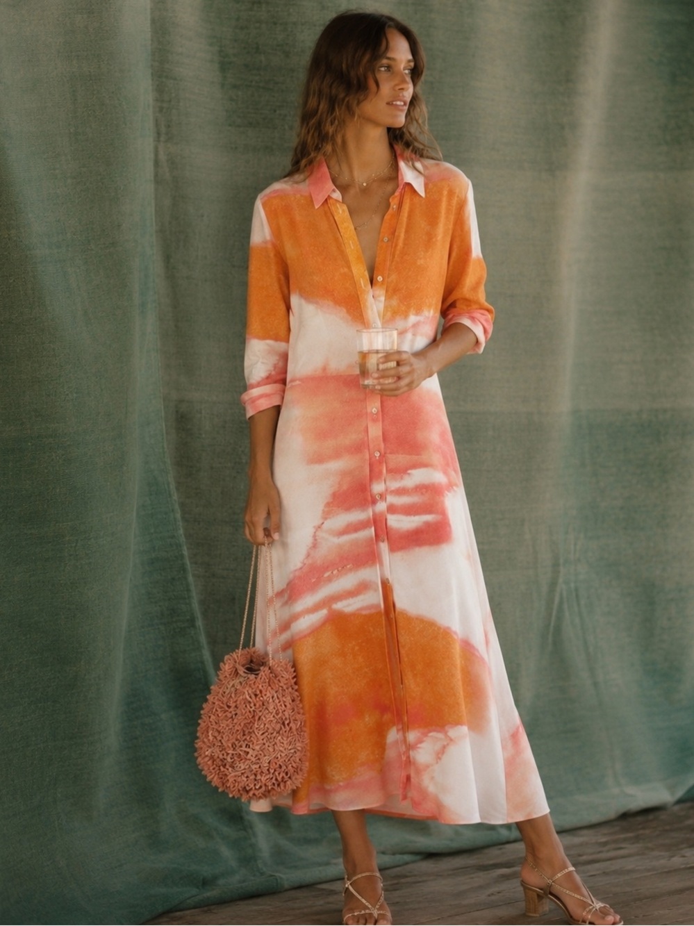 Anthropologie Dolan Cora Shirtdress Maxi Dress Size 2 Orange Pink Watercolor